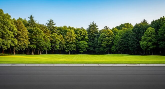 Empty asphalt road with green grass field and lush trees under clear blue sky