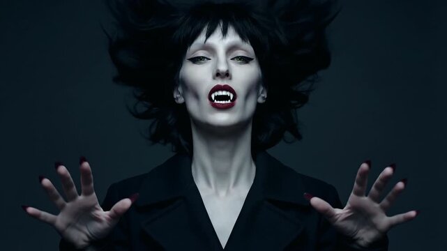 Upper Body Portrait of Arrogant Vampire Woman with Green Almond Eyes and Red Nails Revealing Fangs in Wind against Dark Blue Background