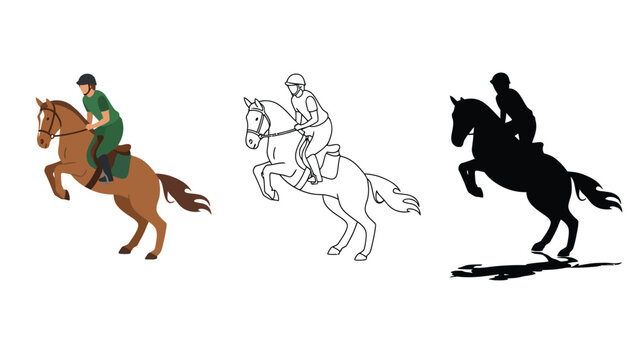 An illustration of a man riding a horse in three different styles