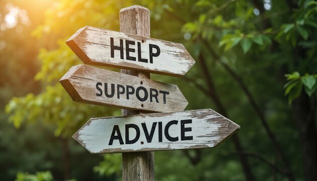 Rustic wooden signpost offers three directional choices Help, Support, and Advice. Offers guidance for decisions, life paths, and seeking assistance in nature. Choose wisely.