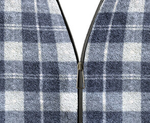 Denim zipper opened, fleece fabric texture with checkered pattern. Unzipped zipper or fastener. Open zip and fleece with plaid pattern of dark grey and light grey color. Isolated on white background