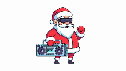 Festive character in VR headset with retro boombox, celebrating joyfully