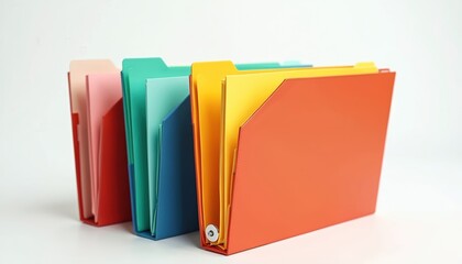 Various colorful accordion file folders stand upright on a white surface. They are neatly organized for papers and documents. Storage solutions for home or office.