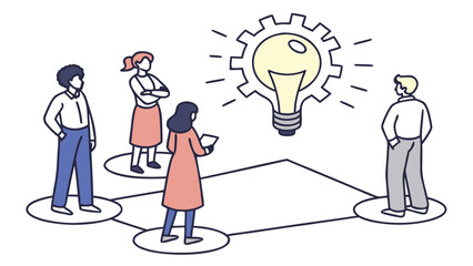 Flat Vector Of A Team Around A Lightbulb with Clean Lines