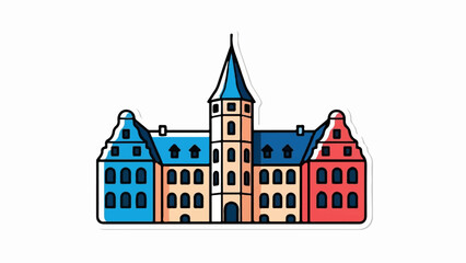 Colorful flat illustration of a row of old European-style buildings with a central tower