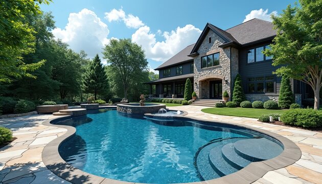 Modern luxury home exterior with large swimming pool and jacuzzi in lush green backyard landscape. Blue water with stone patio perfect for summer vacation relaxation.