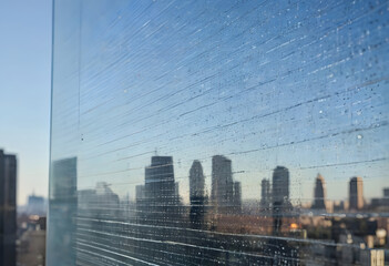 Wet glass surface reflecting a blurred city skyline