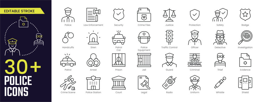 Police Stroke icon collections. Containing Law Enforcement, Siren, Prison, Criminal, Uniform, Legal, Police Station, Traffic Control, and Detective icons. Editable Stroke icon collection Outline icon