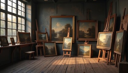 Antique paintings are displayed in artists studio with large windows. Eazels hold artworks showing landscapes, nature. Wooden floors, walls create historic ambiance, illuminated by natural light.