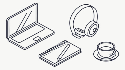 Minimal icons of remote work essentials laptop, coffee, notebook and pen