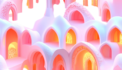 Dreamlike, pastel architecture with glowing archways and a surreal feel