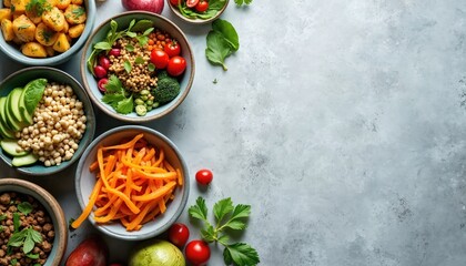 Several bowls filled with vibrant, fresh ingredients including potatoes, couscous, chickpeas, carrots, and greens. Healthy plant based meals prepared for conscious eating and balanced diet.