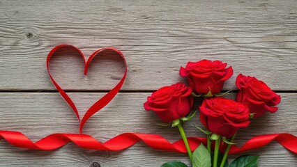 Elegant arrangement of red roses and heart ribbon on a vintage wooden background, symbolizing love