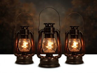 Three vintage lanterns illuminated