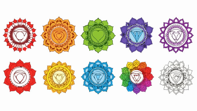 Colorful and grayscale chakra symbols arranged in two rows