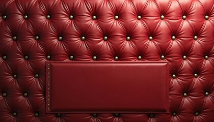 Fototapeta premium Deep red tufted leather background features a smooth inset banner for text. Brass nailhead trim accents the banner edge. Rich texture offers luxurious copy space.