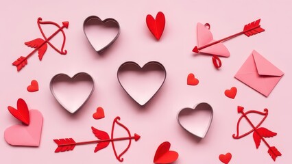 A delightful flat lay arrangement of valentine's day symbols on a pink surface