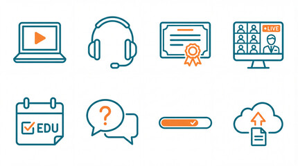 Set of eight vector line icons representing concepts of online education digital learning courses virtual classroom and remote study