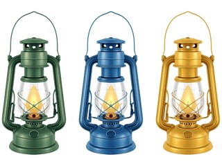 Set of three vintage-style lanterns in green, blue, and gold