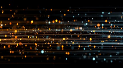 Dynamic abstract composition of glowing light streaks and particles, with a black background