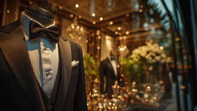 A mannequin at a shop wearing a tuxedo and bow tie