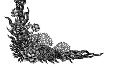 Black and white anchor lotus coral seaweed decorative corner element image