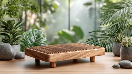 On a wooden surface, a wooden cutting board is placed, and behind it, through a window, blurred green foliage can be seen