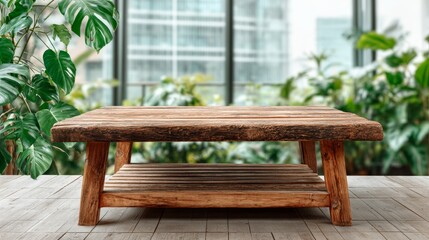 A wooden cutting board lies on a wooden table, with out‑of‑focus green foliage seen through a window behind it