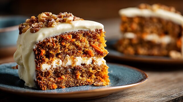 A close-up view of carrot cake with cream cheese frosting and walnuts, on a plate