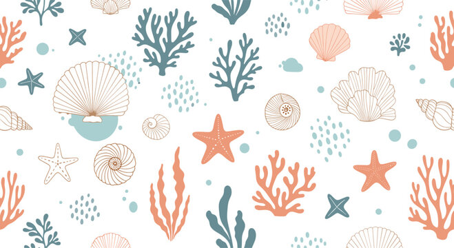 Seamless summer pattern featuring hand-drawn seashells, starfish, coral, and seaweed on a clean white background for textiles.