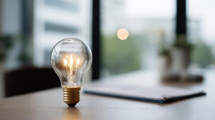 Light bulb on a wooden table in front of a window. the light bulb is turned on and is emitting a warm glow.