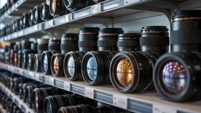 Extensive collection of professional camera lenses displayed neatly on shelves in a photog