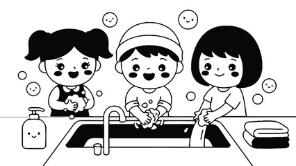 Three happy children washing their hands with soap and water together
