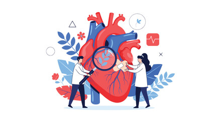 Medical concept illustration of two doctors or cardiologists examining a large human heart, representing cardiology and healthcare.