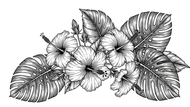 Black and white hibiscus and monstera leaves illustration tropical flowers - Powered by Adobe
