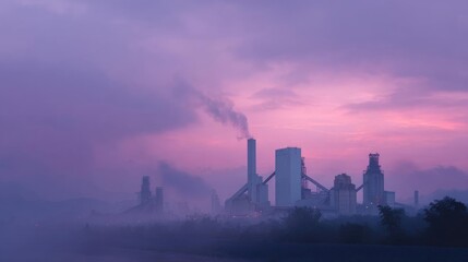 Obraz premium Large industrial plant with multiple tall chimneys emitting smoke into the sky. the sky is a gradient of pink and purple, with the sun setting in the background.
