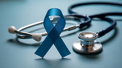 Blue awareness ribbon and stethoscope for mens health, prostate cancer awareness