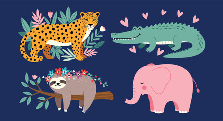 Obraz premium Adorable collection of four cute jungle animals including a leopard, alligator, sloth, and elephant on a dark blue background.