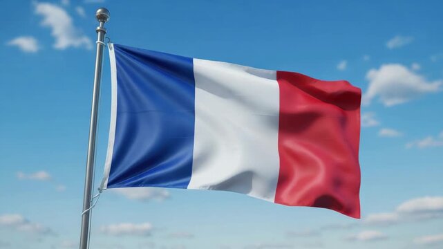 French flag waving proudly on a flagpole against a clear blue sky with white clouds on a s