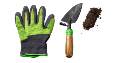 Gardening gloves, trowel, and soil for planting.