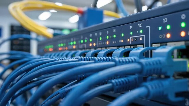 Close up of blue network cables plugged into a data switch with blinking indicator lights 