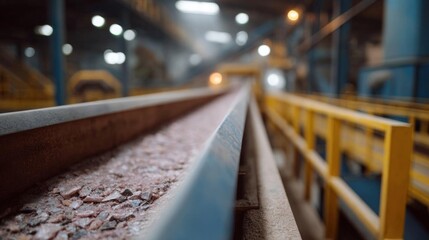Conveyor belt in a factory or industrial setting. the belt is made of metal and is filled with small rocks and gravel.