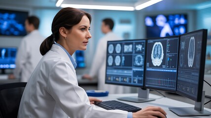 Female researcher studying brain scan data on multiple computer screens