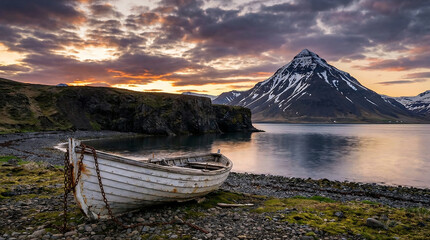 A wooden boat on a rocky shore with a snow-capped mountain and a colorful sunset in the background.