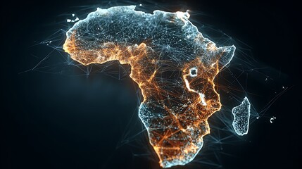 Glowing digital outline of African continent connected with network lines on a black background
