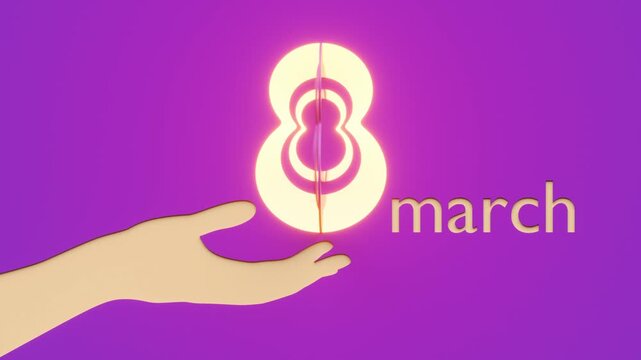 International Women's day 2026. Animated background with number 8 and silhouette women hand, showing open palm. Give To Gain concept. Looped 3d animation in paper cut style.