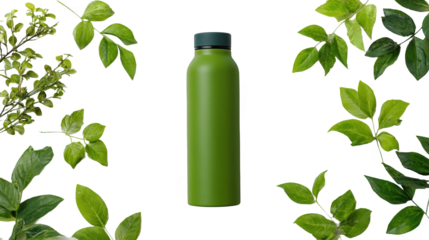 Eco-friendly green water bottle surrounded by leaves.