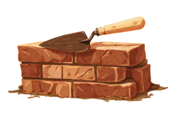 Trowel on stacked red  bricks with visible mortar