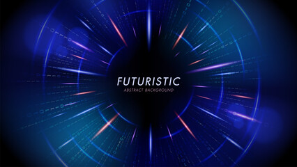 Futuristic digital abstract background with glowing binary code tunnel and dynamic blue light rays.