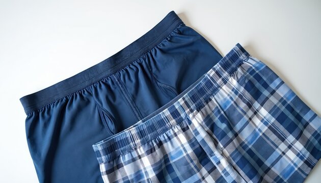 Two pairs of men boxers shorts. One plain navy blue, other blue plaid pattern. Elastic waistband briefs for comfort and style. Soft cotton blend fabric for daily wear.
